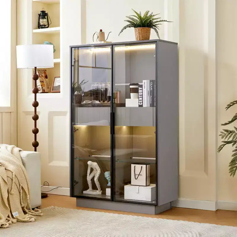 Okak Bahut autoportant avec porte vitrée et LED, vitrine 4 étagères avec 2 tiroirs pour salon cuisine