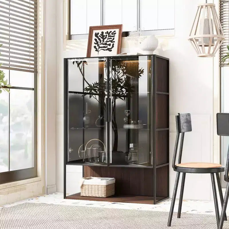 Okak Bahut autoportant avec porte vitrée et LED, vitrine 4 étagères avec 2 tiroirs pour salon cuisine
