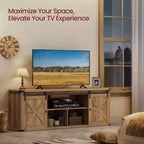 Meuble TV de ferme pour téléviseurs de 75 pouces - Meuble console multimédia de 70 pouces avec portes coulissantes de grange, station de charge à 6 prises et gestion des câbles, finition rustique