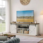 Meuble TV de ferme pour téléviseurs de 75 pouces - Meuble console multimédia de 70 pouces avec portes coulissantes de grange, station de charge à 6 prises et gestion des câbles, finition rustique