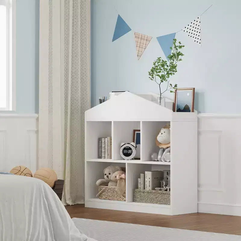Étagère à Livres pour Enfants, Organisateur de Jouets Blanc, Bibliothèque à 5 Compartiments, Maison de Jeu pour Tout-Petits, Étagère de Rangement en Bois