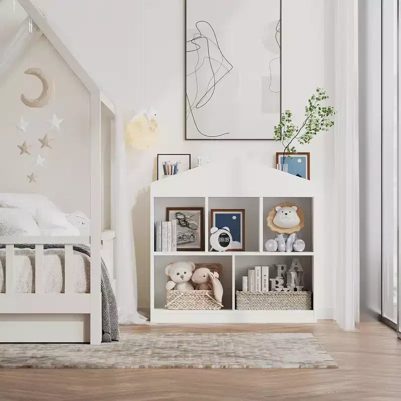 Étagère à Livres pour Enfants, Organisateur de Jouets Blanc, Bibliothèque à 5 Compartiments, Maison de Jeu pour Tout-Petits, Étagère de Rangement en Bois