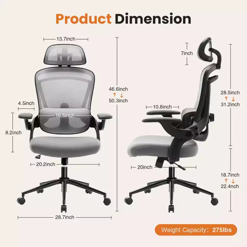 Chaise de bureau Bestier avec support lombaire et appui-tête réglables, chaise d'ordinateur en maille confortable avec accoudoirs relevables souples, chaise de jeu à hauteur réglable