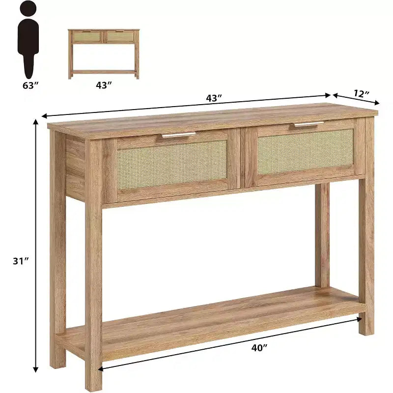 Table d'entrée en rotin avec tiroirs, console bohème pour entrée, table de canapé en bois avec rangement, console à 2 niveaux pour salons, couloir