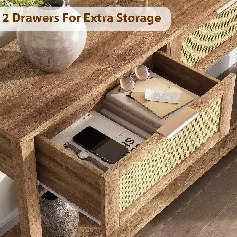 Table d'entrée en rotin avec tiroirs, console bohème pour entrée, table de canapé en bois avec rangement, console à 2 niveaux pour salons, couloir