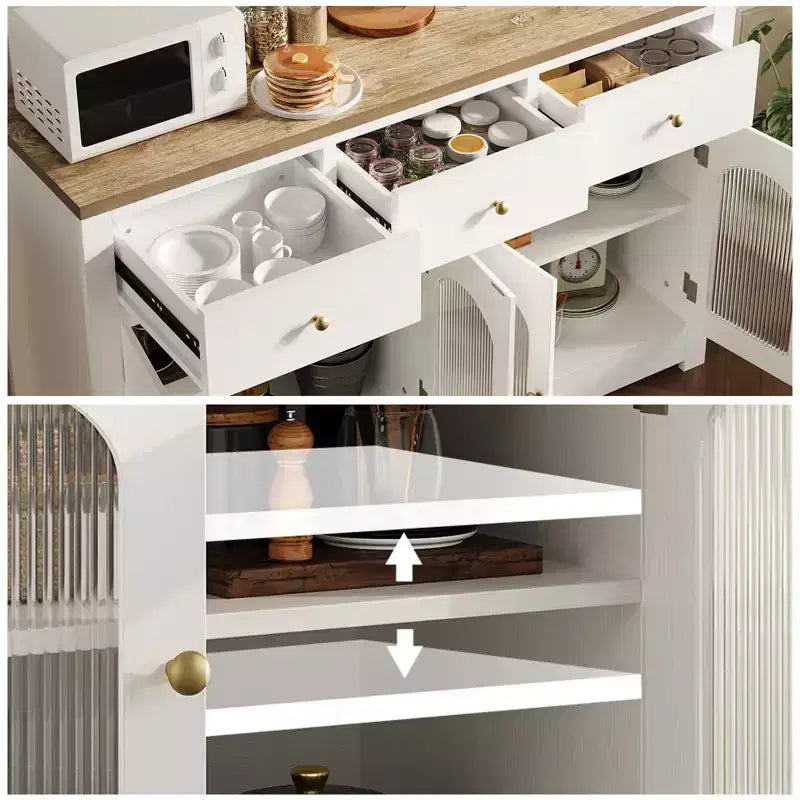Buffet de ferme de 55 pouces avec rangement, grand buffet de cuisine étroit en bois avec 3 tiroirs et 4 portes pour bar à café