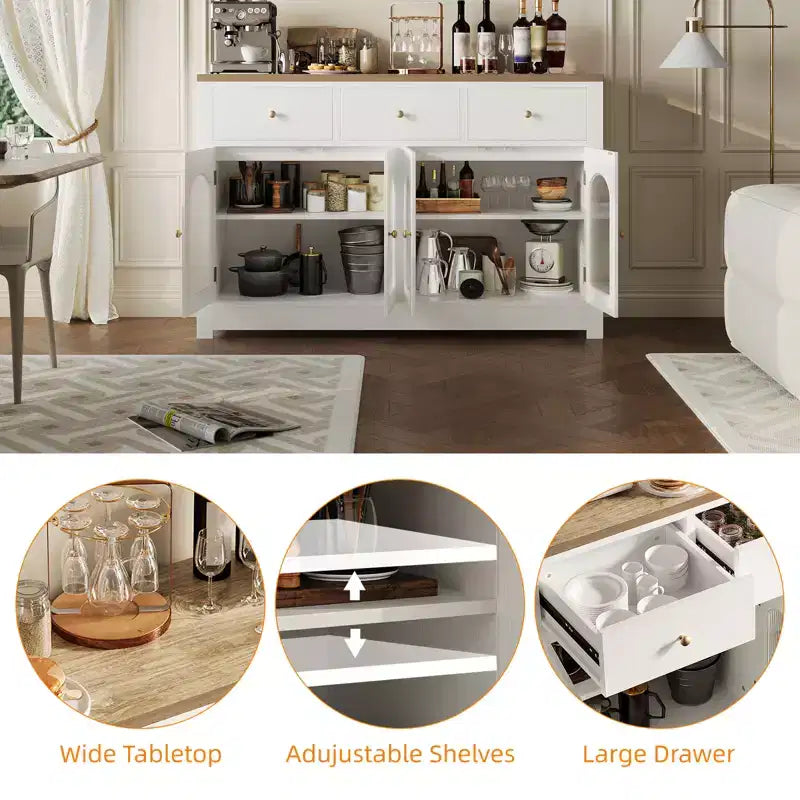 Buffet de ferme de 55 pouces avec rangement, grand buffet de cuisine étroit en bois avec 3 tiroirs et 4 portes pour bar à café