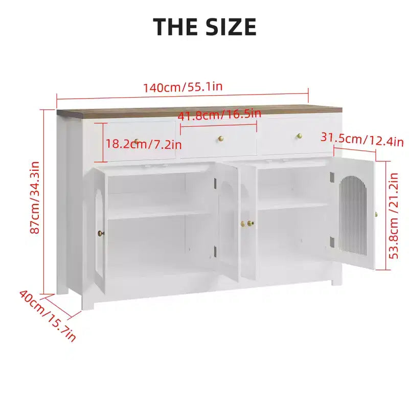 Buffet de ferme de 55 pouces avec rangement, grand buffet de cuisine étroit en bois avec 3 tiroirs et 4 portes pour bar à café