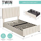 Cadre de lit double avec tête de lit réglable, 2 tiroirs de rangement et lattes en bois, revêtement en velours, sommier tapissier non requis, beige