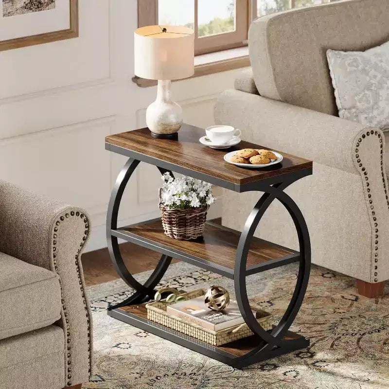 Table d'appoint à 3 niveaux Lantine, table d'appoint industrielle en bois avec cadre en métal pour chambre à coucher, salon, marron rustique