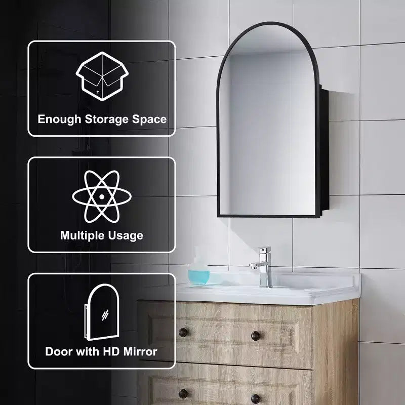 PexFix Armoire de salle de bain encastrée ou murale de 91,4 x 61 cm, avec miroir, cadre en acier inoxydable et 2 étagères réglables, miroir, noir