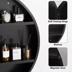 PexFix Armoire de toilette ronde noire 24 pouces avec miroir, montage en surface, cadre métallique, étagères amovibles pour salle de bain