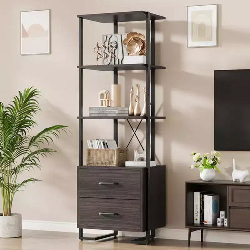 4 Tier Bookshelf with Storage Drawers,70.9 Inch Tall Industrial Book Shelf with Open Display Shelves