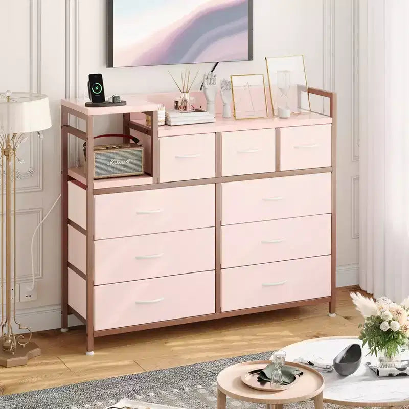 COZONY Commode de rangement à 9 tiroirs de 86,4 cm de haut et meuble TV, Tour de rangement en tissu, Rangement à cadre en acier robuste pour le salon, utilisation dans les petits espaces