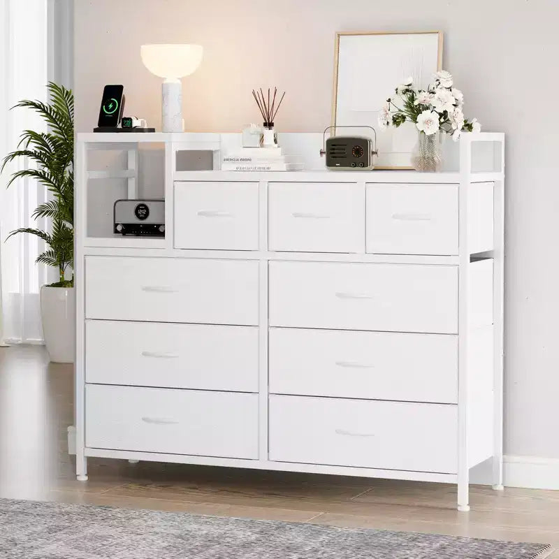 COZONY Commode de rangement à 9 tiroirs de 86,4 cm de haut et meuble TV, Tour de rangement en tissu, Rangement à cadre en acier robuste pour le salon, utilisation dans les petits espaces