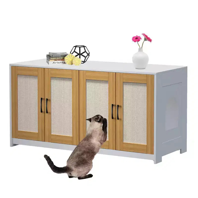 Meuble de rangement polyvalent pour chat avec portes en sisal, 119,9 cm, meuble TV/table d'appoint