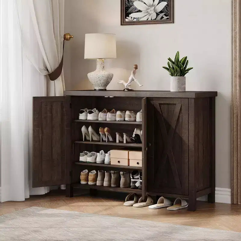 Meuble à chaussures avec portes, meuble à chaussures de ferme de 89 cm, rangement de chaussures à 4 niveaux pour entrée, grand meuble organisateur de chaussures pour salon et couloir.