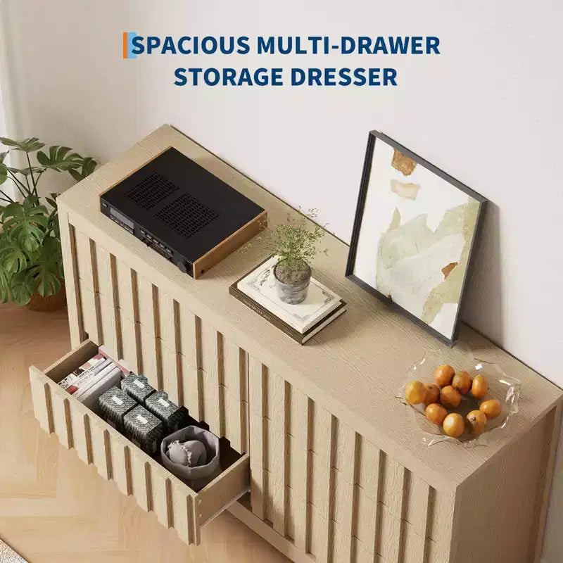 COZONY Commode Moderne Flutée à 6 Tiroirs Meuble TV en Bois sans Poignées et Organisateur de Rangement Profond pour Chambre, Salon et Couloir, Chêne Naturel
