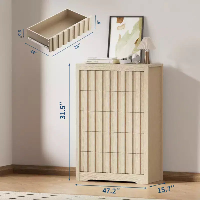 Commode moderne COZONY en bois à 5 tiroirs cannelés et sans poignées, avec rangement profond pour chambre, salon et couloir, Chêne Naturel