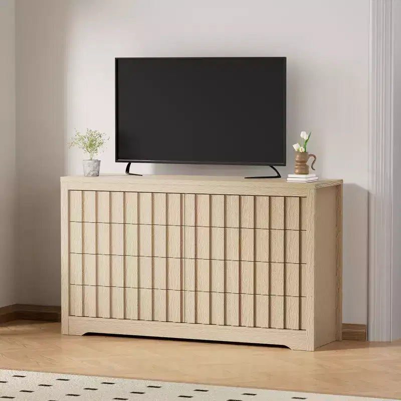 COZONY Commode Moderne en Bois à 8 Tiroirs Cannelés, sans Poignée, avec Rangement Profond pour Chambre, Salon et Couloir, Chêne Naturel