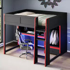 Lit mezzanine moderne en bois GDFStudio Opal avec bureau intégré, armoire, LED et 1 tiroir