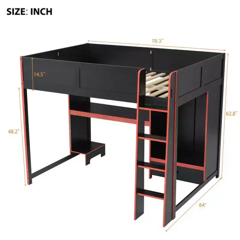 Lit mezzanine moderne en bois GDFStudio Opal avec bureau intégré, armoire, LED et 1 tiroir