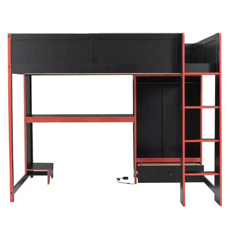 Lit mezzanine moderne en bois GDFStudio Opal avec bureau intégré, armoire, LED et 1 tiroir