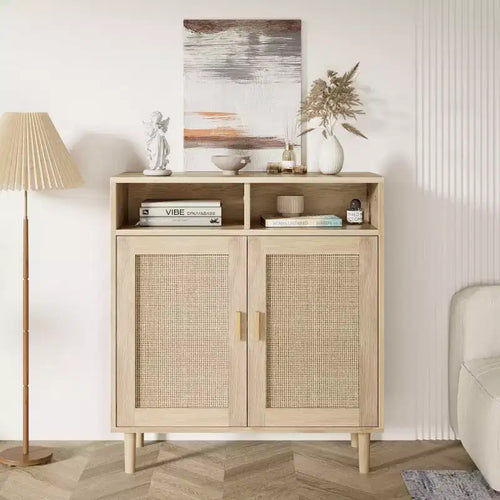 36 Modern Rattan Sideboard Cabinet - 2-Door Storage Buffet with Shelf, Boho TV Stand & Coffee Bar for Dining Room, Kitchen & Entryway