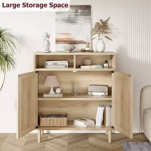 Meuble d'appoint moderne en rotin de 91 cm - Buffet de rangement à 2 portes avec étagère, meuble TV bohème et bar à café pour salle à manger, cuisine et entrée