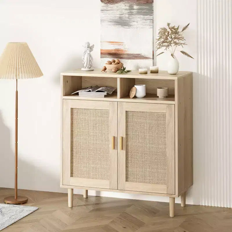 Meuble d'appoint moderne en rotin de 91 cm - Buffet de rangement à 2 portes avec étagère, meuble TV bohème et bar à café pour salle à manger, cuisine et entrée
