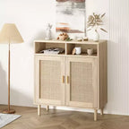 Meuble d'appoint moderne en rotin de 91 cm - Buffet de rangement à 2 portes avec étagère, meuble TV bohème et bar à café pour salle à manger, cuisine et entrée
