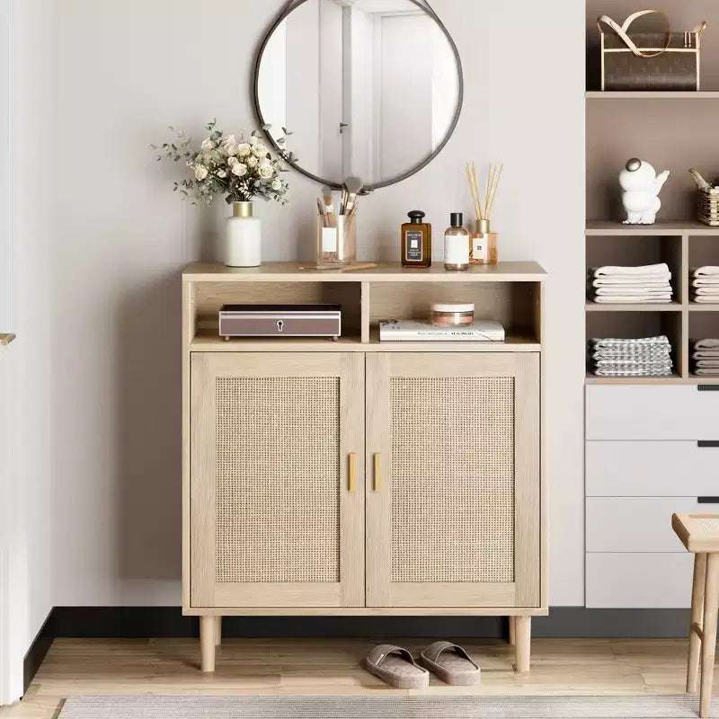 Meuble d'appoint moderne en rotin de 91 cm - Buffet de rangement à 2 portes avec étagère, meuble TV bohème et bar à café pour salle à manger, cuisine et entrée