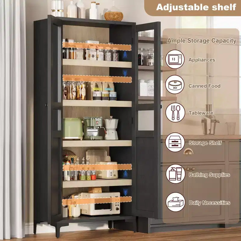 GustoWave Armoire de rangement haute de 160 cm avec portes en verre, meuble de cuisine à 5 niveaux, étagères réglables pour cuisine, salle à manger, salle de bain