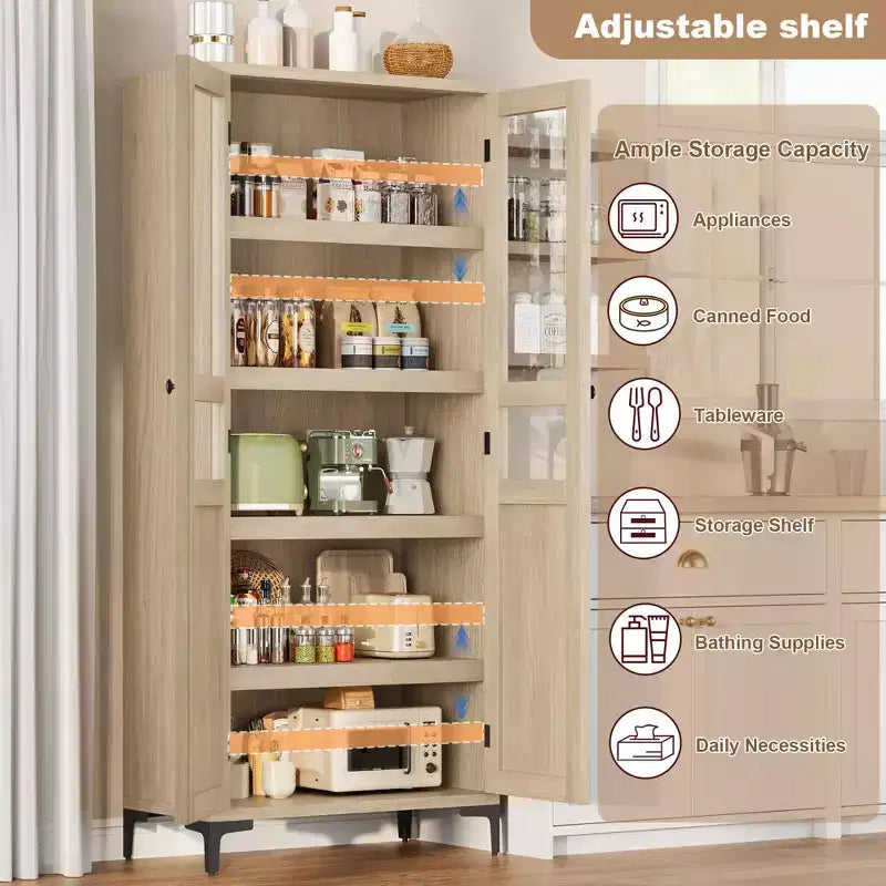 GustoWave Armoire de rangement haute de 160 cm avec portes en verre, meuble de cuisine à 5 niveaux, étagères réglables pour cuisine, salle à manger, salle de bain