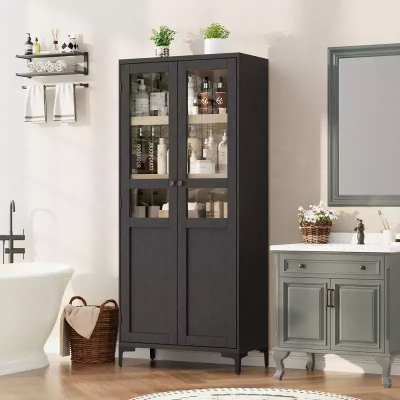 GustoWave Armoire de rangement haute de 160 cm avec portes en verre, meuble de cuisine à 5 niveaux, étagères réglables pour cuisine, salle à manger, salle de bain