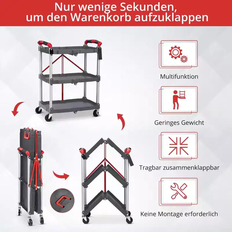 Chariot utilitaire pliable à roulettes, desserte à 3 niveaux avec roues verrouillables et capacité de 76 kg, chariot pliable pour maison, bureau, garage, entrepôt