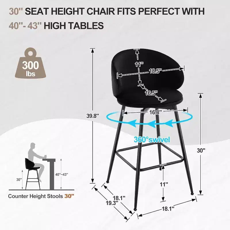 Bekrvio 30 Tabourets de bar pivotants de 2/3/4, Tabourets de bar modernes en velours avec dossier incurvé et structure métallique, Chaises de bar pour îlot de cuisine, Pub à domicile