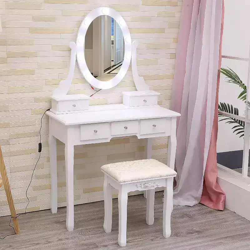 Coiffeuse moderne avec miroir LED, 5 tiroirs de rangement, tabouret moelleux, conception convertible, assemblage rapide