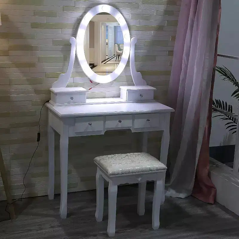 Coiffeuse moderne avec miroir LED, 5 tiroirs de rangement, tabouret moelleux, conception convertible, assemblage rapide