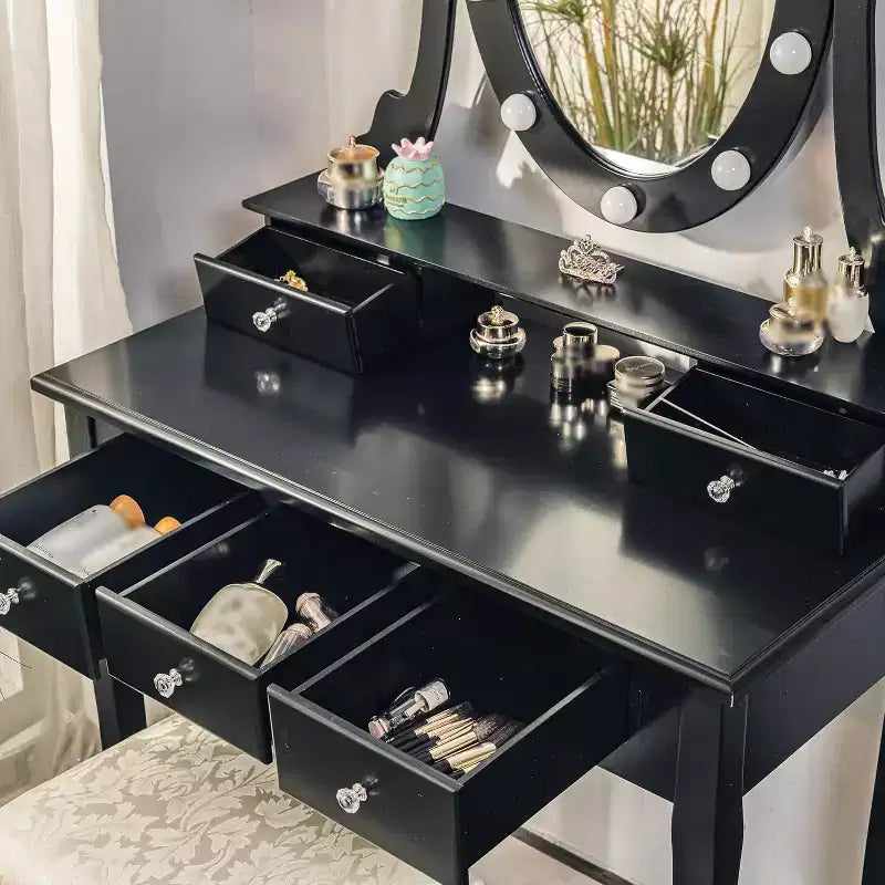 Coiffeuse moderne avec miroir LED, 5 tiroirs de rangement, tabouret moelleux, conception convertible, assemblage rapide