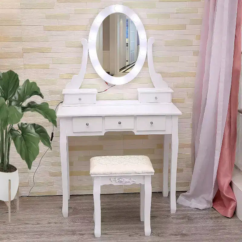 Coiffeuse moderne avec miroir LED, 5 tiroirs de rangement, tabouret moelleux, conception convertible, assemblage rapide
