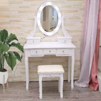 Coiffeuse moderne avec miroir LED, 5 tiroirs de rangement, tabouret moelleux, conception convertible, assemblage rapide