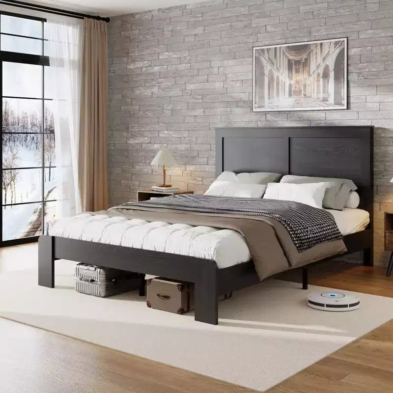 Bed Frame, Full/Queen/King Size Wood Platform, Noise Free,No Box Spring Needed and Easy Assembly Tool,Large Under Bed Storage,Dark Black