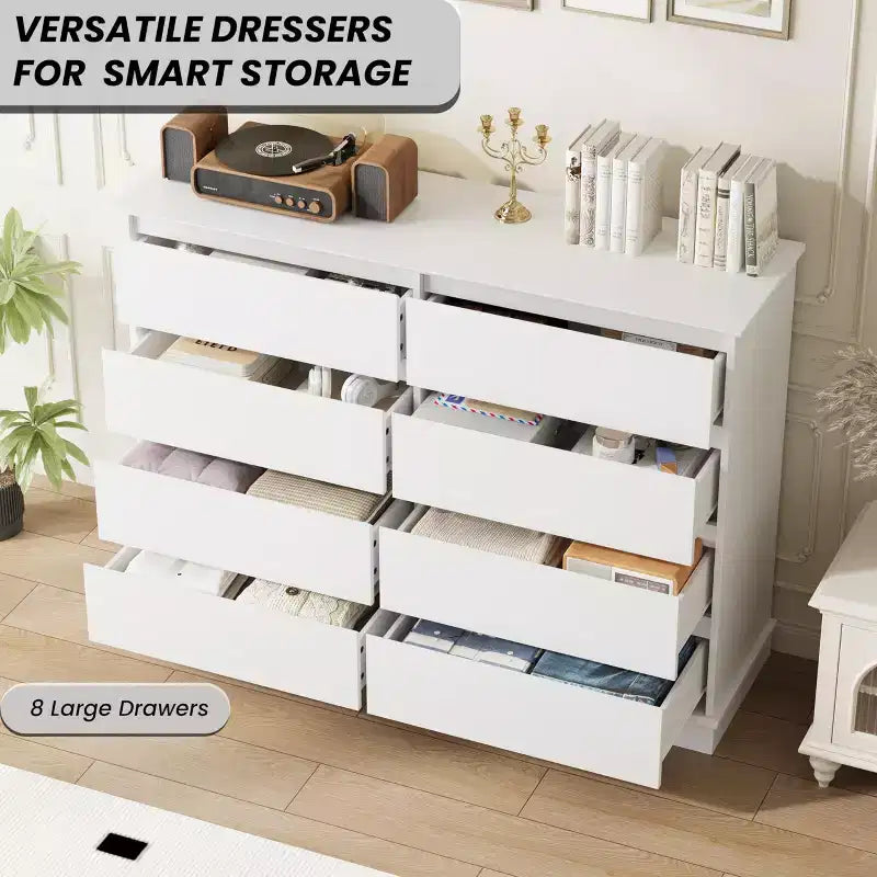 Commode double COZONY 51 po de large à 8 tiroirs – Grande commode horizontale avec tiroirs profonds et plateau large pour chambre, dressing, salon et couloir