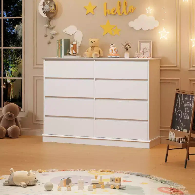 Commode double COZONY 51 po de large à 8 tiroirs – Grande commode horizontale avec tiroirs profonds et plateau large pour chambre, dressing, salon et couloir