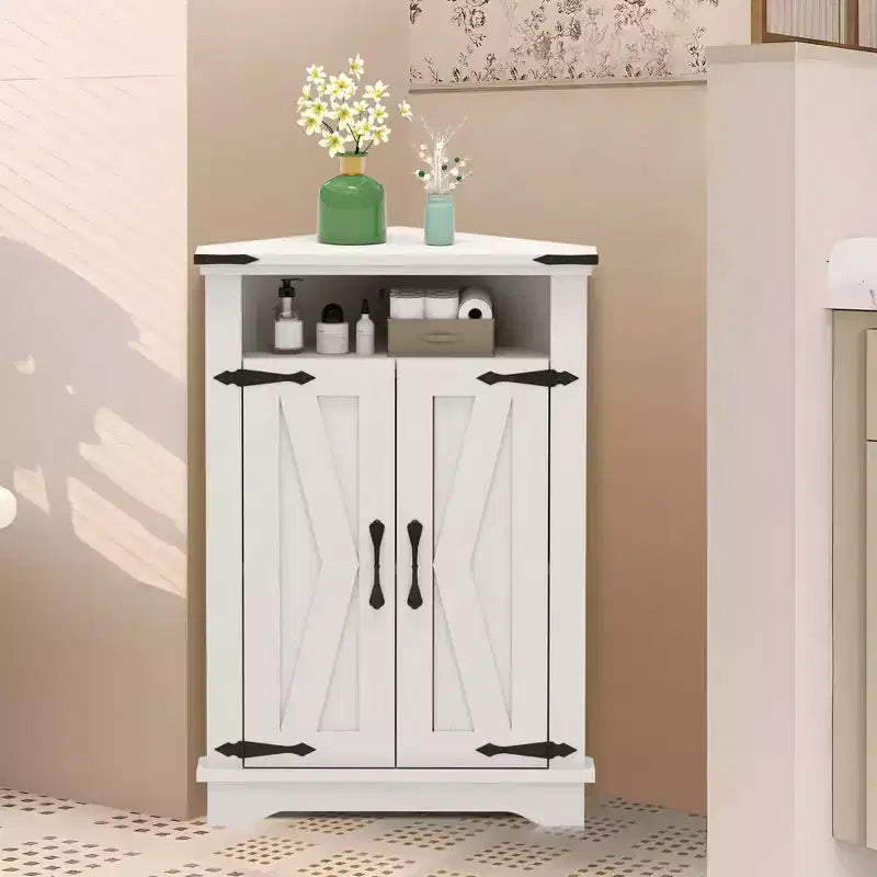 Meuble d'angle de salle de bain GustoWave, petit meuble d'angle avec portes coulissantes et étagère réglable, table de salle de bain de style ferme avec rangement pour petits espaces