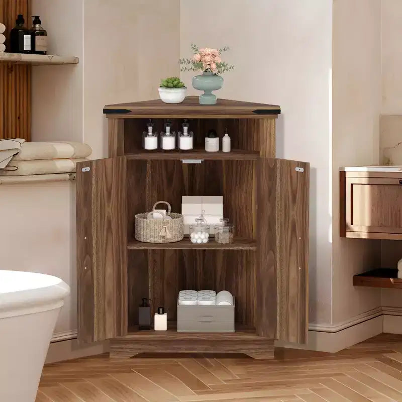Meuble d'angle de salle de bain GustoWave, petit meuble d'angle avec portes coulissantes et étagère réglable, table de salle de bain de style ferme avec rangement pour petits espaces