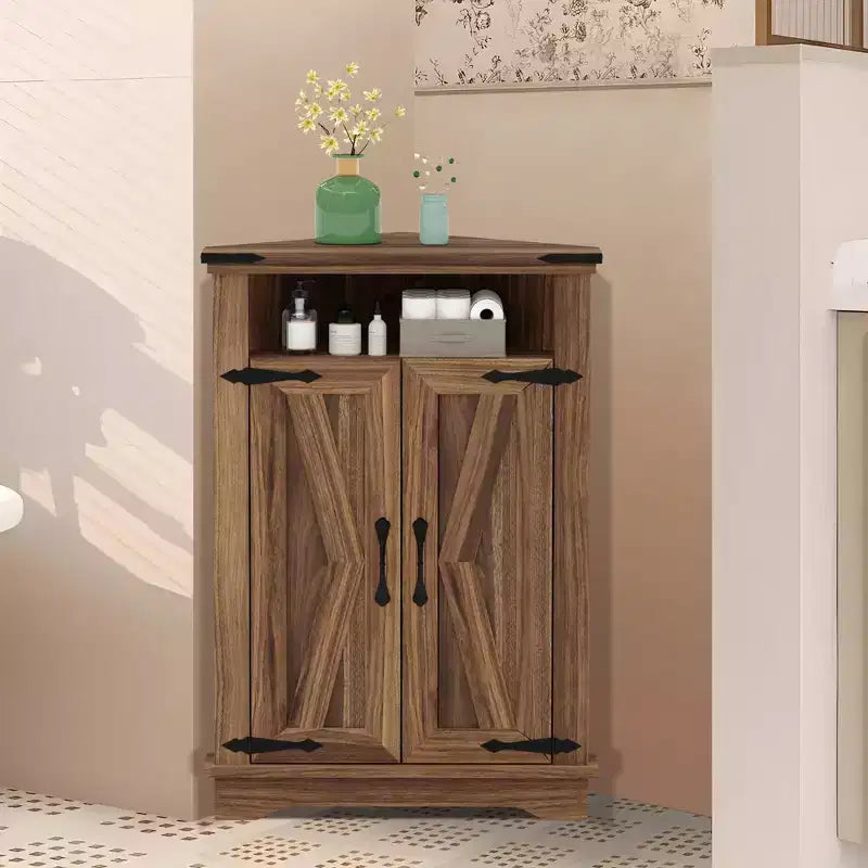 Meuble d'angle de salle de bain GustoWave, petit meuble d'angle avec portes coulissantes et étagère réglable, table de salle de bain de style ferme avec rangement pour petits espaces