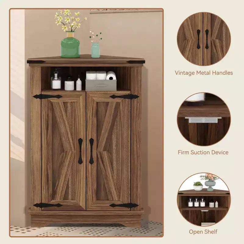 Meuble d'angle de salle de bain GustoWave, petit meuble d'angle avec portes coulissantes et étagère réglable, table de salle de bain de style ferme avec rangement pour petits espaces