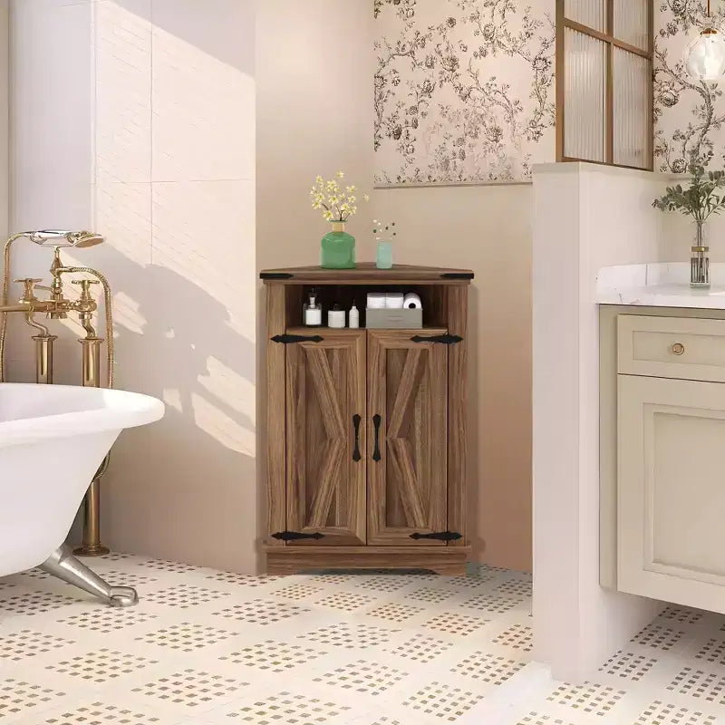 Meuble d'angle de salle de bain GustoWave, petit meuble d'angle avec portes coulissantes et étagère réglable, table de salle de bain de style ferme avec rangement pour petits espaces